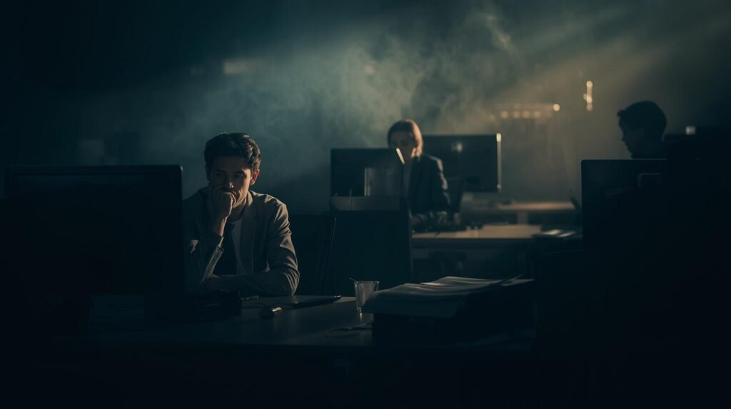 WORK-OFFICERS-WITH-LABOR-BOURNOUT-2-1024x573 Estrés y ansiedad lideran motivos de atención psicológica en el entorno laboral en 2025