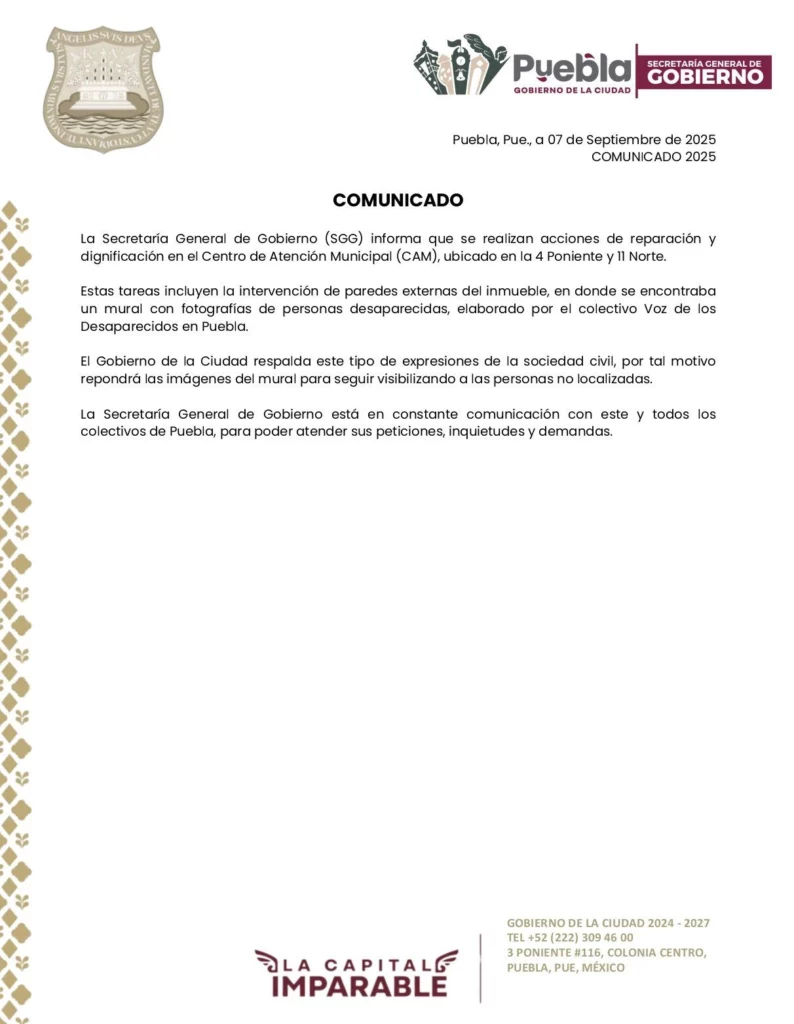 comunicado Ayuntamiento de Puebla retira mural de desaparecidos y promete reposición de imágenes