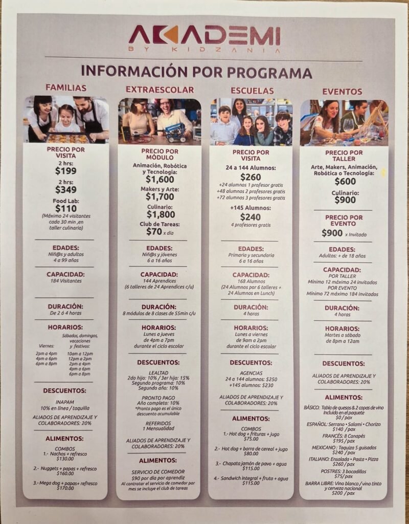 precios-800x1024 Kidzania lanza Academi en Puebla con 7 disciplinas innovadoras